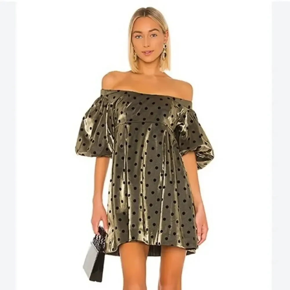 lpa brown polka dot dress Lpa Dresses | Nwt Lpa Gold Beatrix Polka Dot Mini Dress Womens Xs Ethereal Eclectic Coquette | Color: Green | Size: Xs